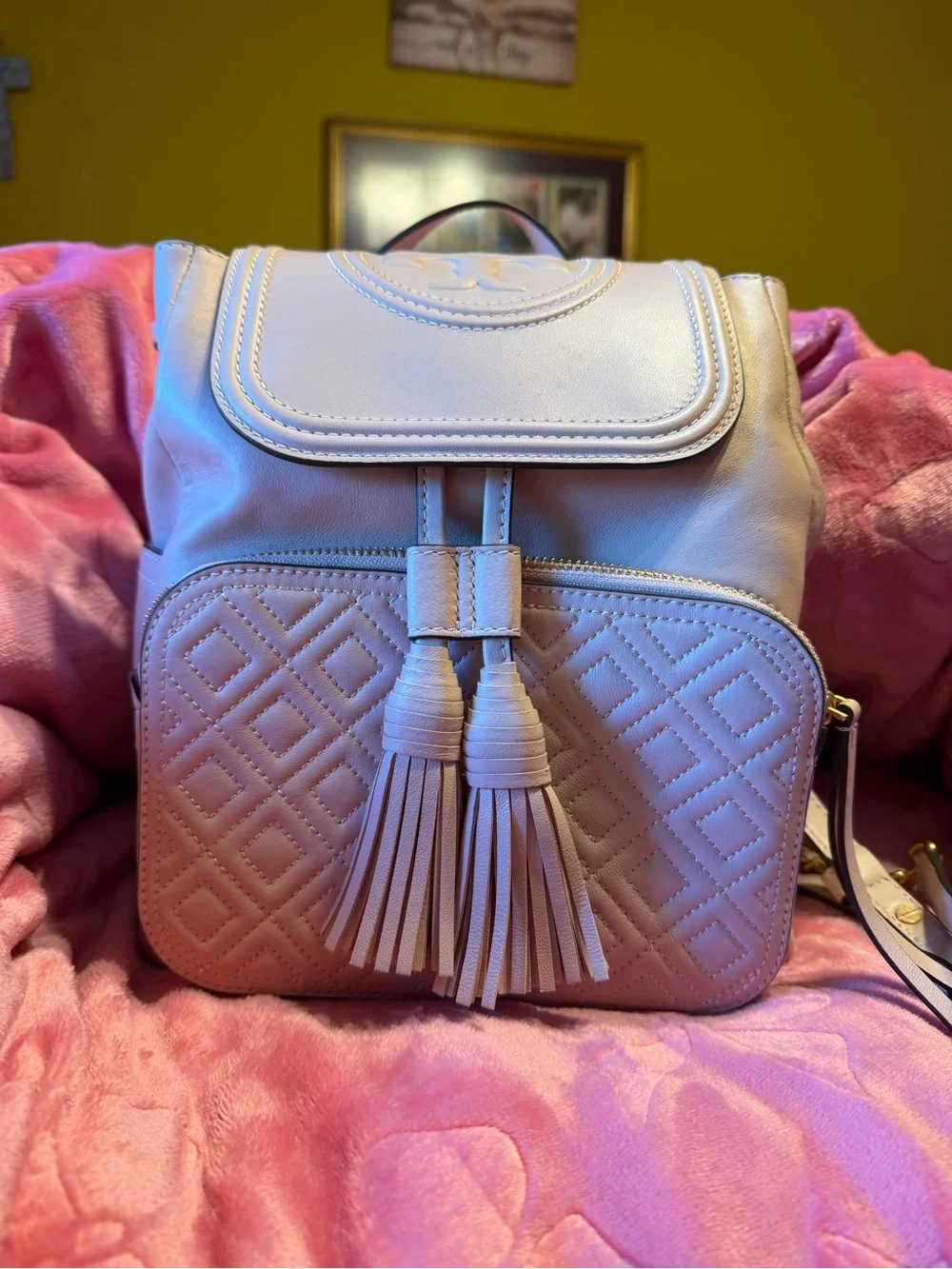 Tory Burch Cream Quilted Tassel Leather Backpack with Gold Chain